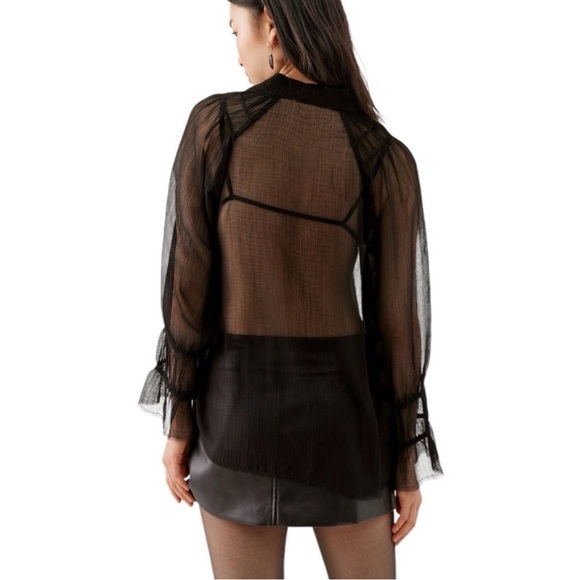 Urban Outfitters Black Sheer Button-Front Ruffle Blouse - Picture 2 of 12